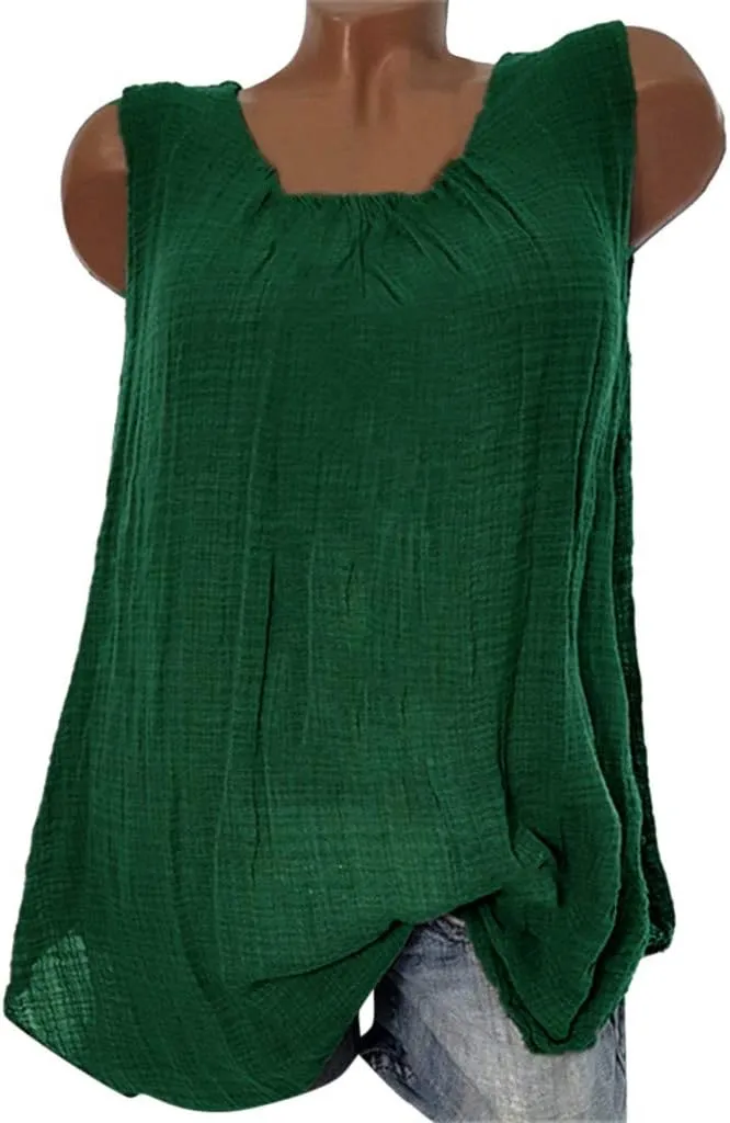 Women Linen Sleeveless Tank Tops Summer Casual Vintage Pleated Blouse Loose Comfy Flowy Beach T-Shirt Camisole