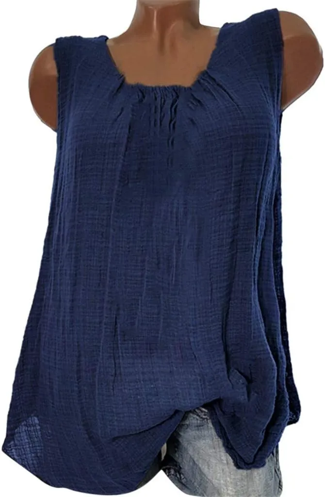 Women Linen Sleeveless Tank Tops Summer Casual Vintage Pleated Blouse Loose Comfy Flowy Beach T-Shirt Camisole