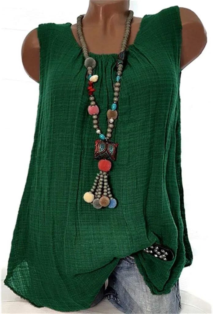 Women Linen Sleeveless Tank Tops Summer Casual Vintage Pleated Blouse Loose Comfy Flowy Beach T-Shirt Camisole