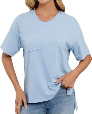 Women T Shirts Oversized Short Sleeve V Neck 2025 Summer Casual Loose Tops Basic Tee Shirts Outfits with Pockets