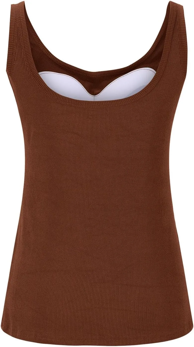 Women Tank Tops with Built in Bras Summer Casual Ribbed Knit Camisole U Neck Sleeveless Padded Workout Yoga Shirt