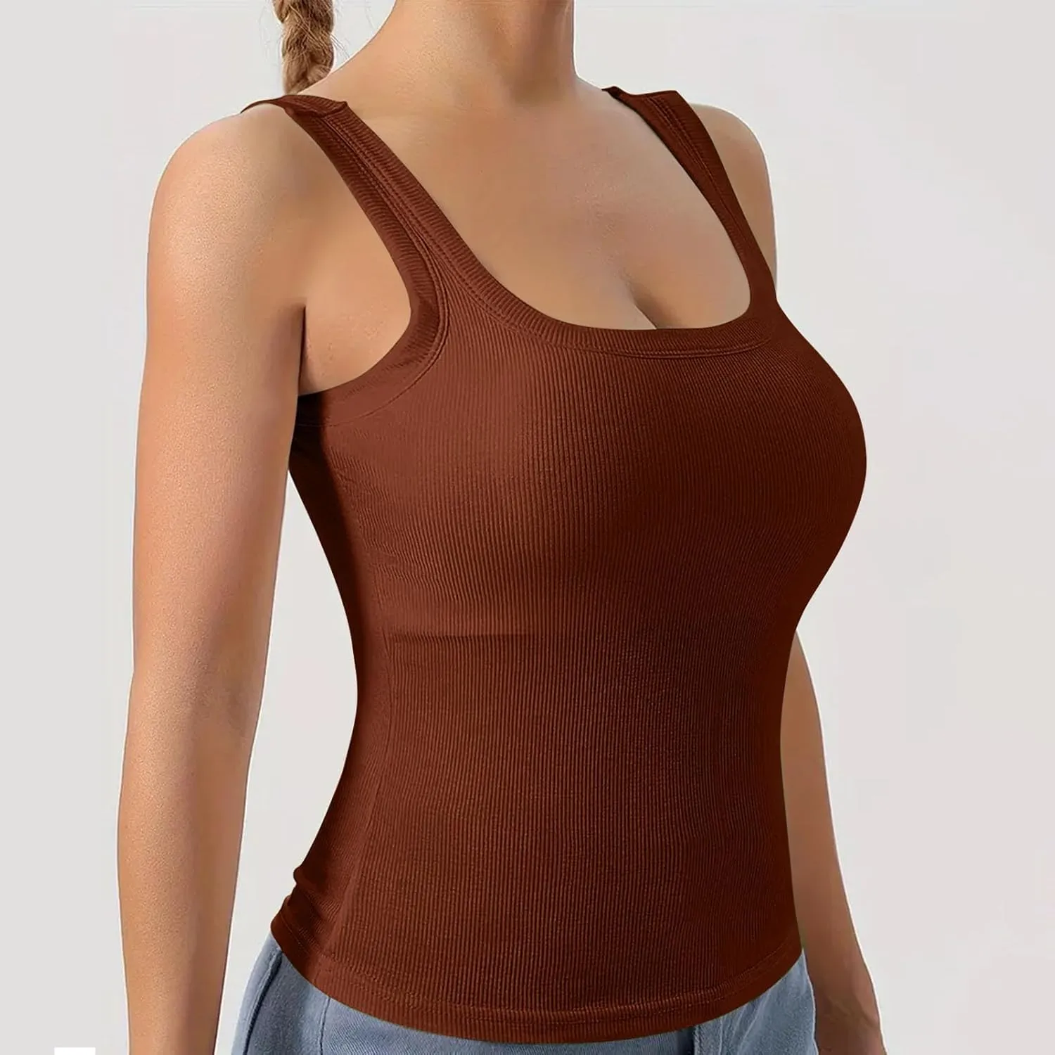 Women Tank Tops with Built in Bras Summer Casual Ribbed Knit Camisole U Neck Sleeveless Padded Workout Yoga Shirt