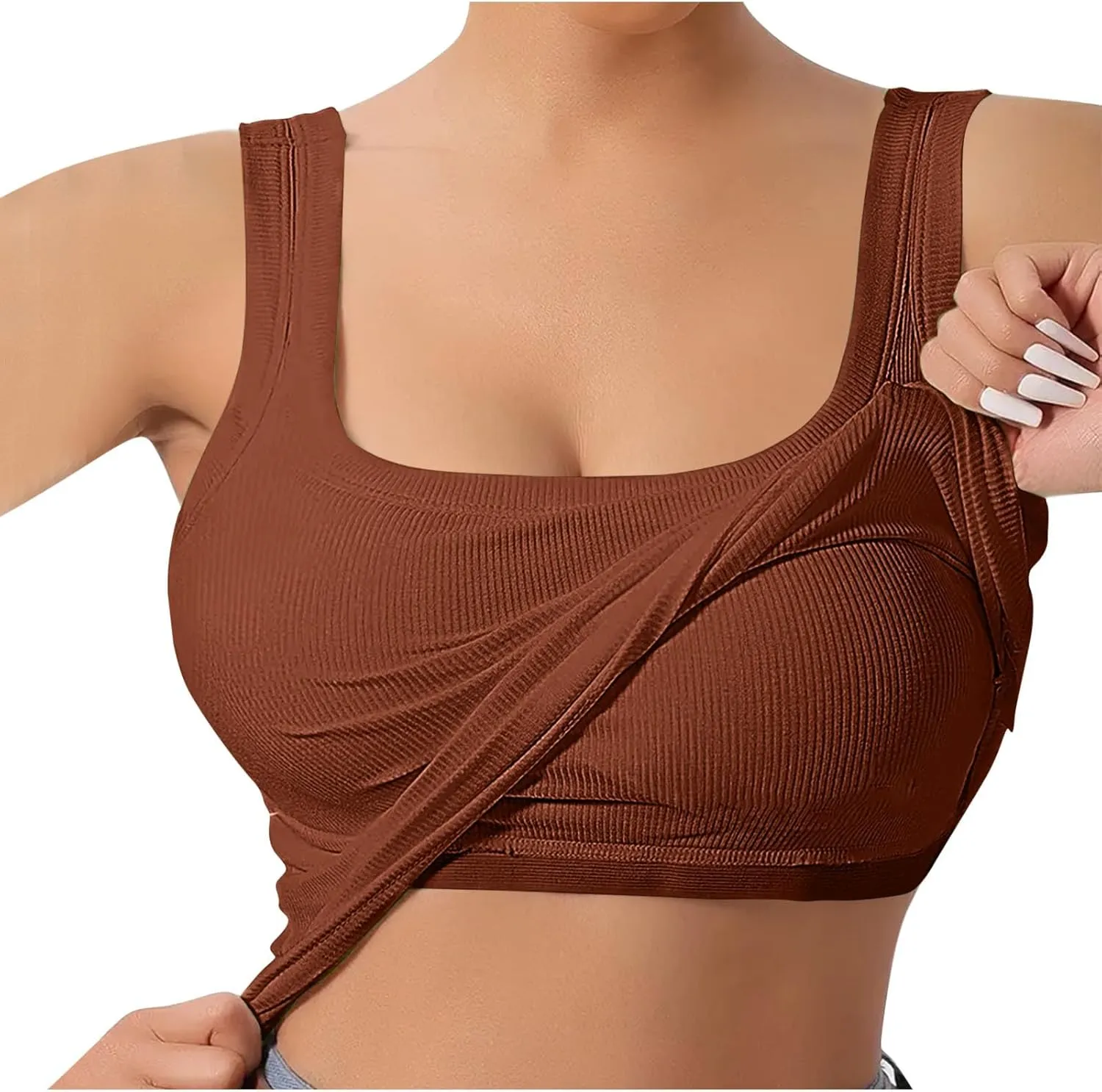 Women Tank Tops with Built in Bras Summer Casual Ribbed Knit Camisole U Neck Sleeveless Padded Workout Yoga Shirt