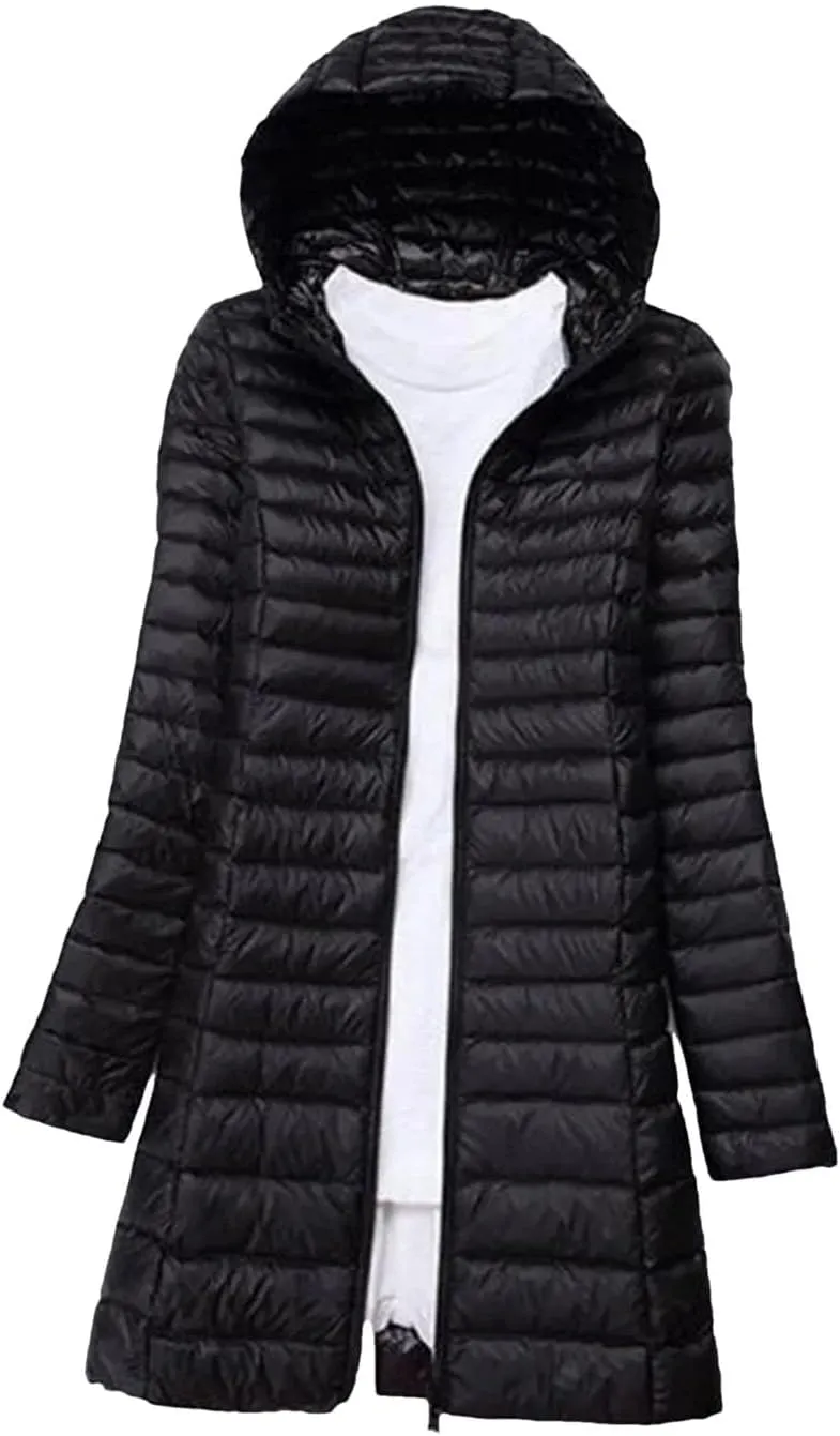 Women Winter Long Light Down Jackets Down Coat Puffer Jacket Slim Hooded Parkas