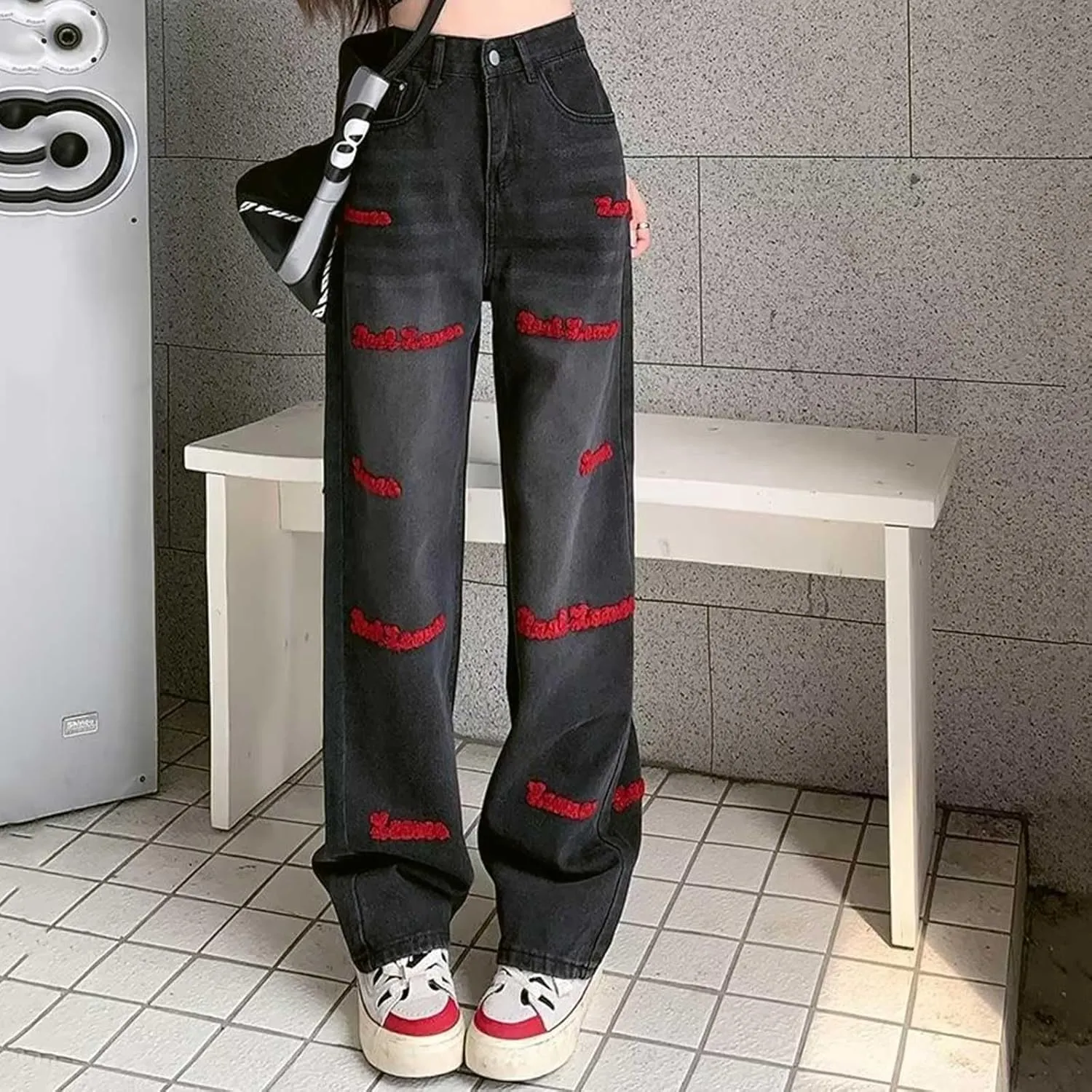 Womens Baggy Jeans Y2K High Street Boyfriend Pants Vintage Distressed Jeans High Waist Ripped Denims Streetwear Hiphop