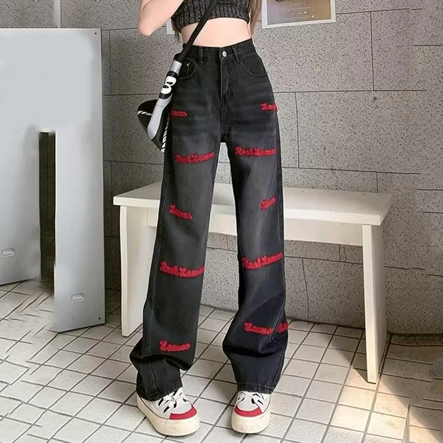 Womens Baggy Jeans Y2K High Street Boyfriend Pants Vintage Distressed Jeans High Waist Ripped Denims Streetwear Hiphop
