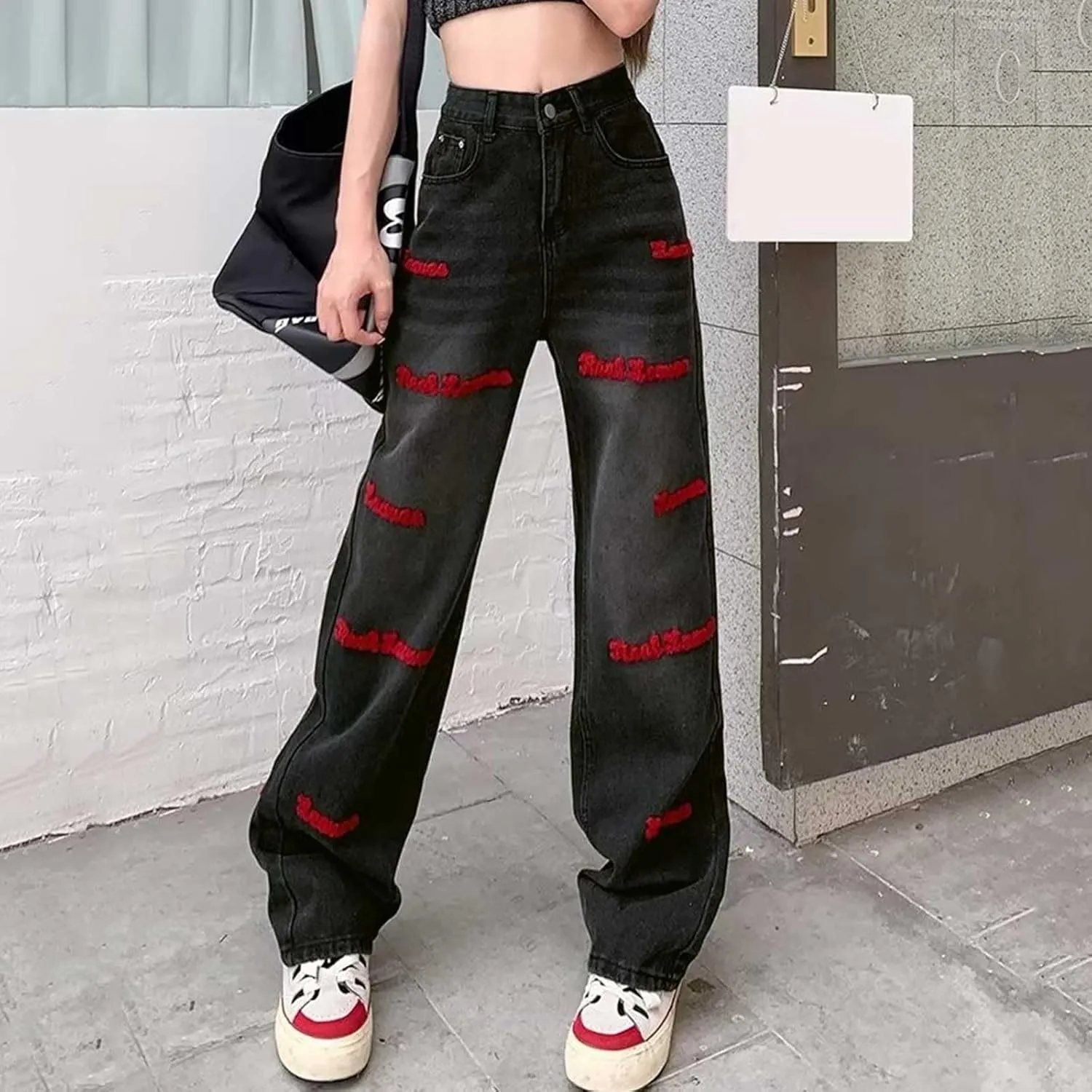 Womens Baggy Jeans Y2K High Street Boyfriend Pants Vintage Distressed Jeans High Waist Ripped Denims Streetwear Hiphop