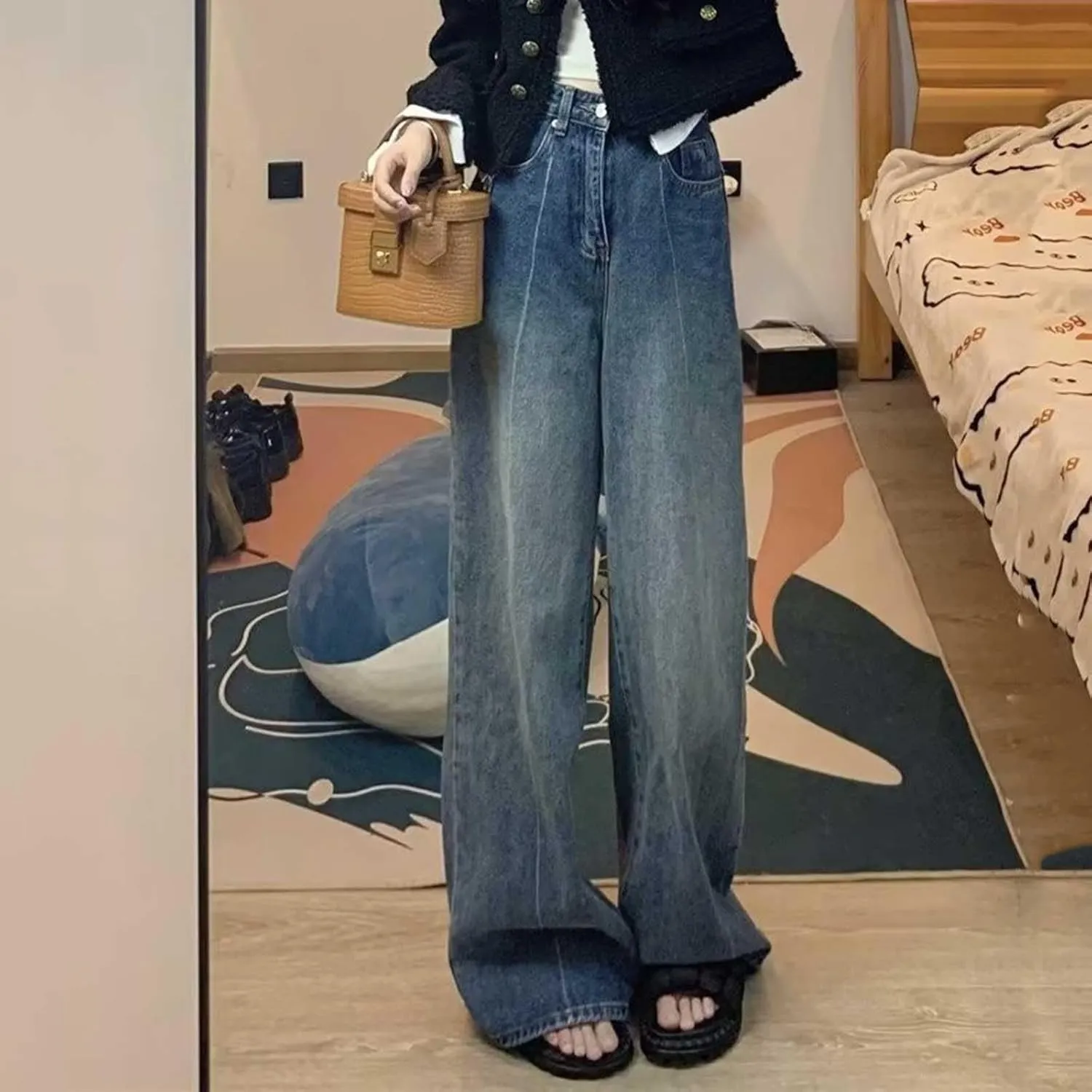 Womens Baggy Jeans Y2K High Street Boyfriend Pants Vintage Distressed Jeans High Waist Ripped Denims Streetwear Hiphop