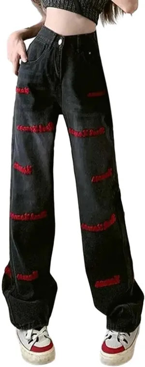 Womens Baggy Jeans Y2K High Street Boyfriend Pants Vintage Distressed Jeans High Waist Ripped Denims Streetwear Hiphop
