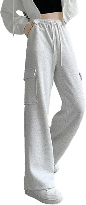 Womens Cargo Sweatpants Drawstring Elastic Waist Joggers Pants Baggy Athletic Y2K Trousers with Pockets Light Gray M
