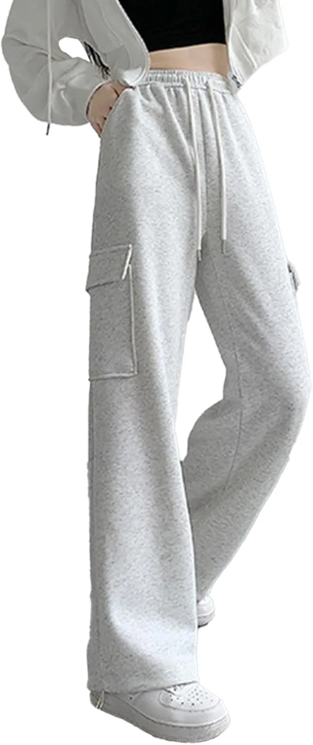 Womens Cargo Sweatpants Drawstring Elastic Waist Joggers Pants Baggy Athletic Y2K Trousers with Pockets Light Gray M