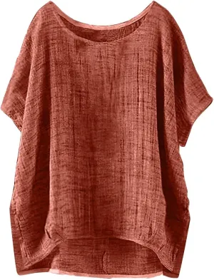 Womens Casual Cotton Linen Shirts Short Sleeve Beach Summer T-Shirts Loose Solid Crewneck Vacation Travel Blouse Tops