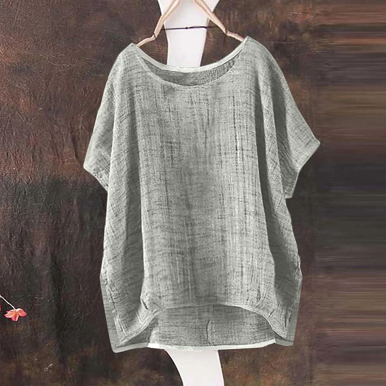 Womens Casual Cotton Linen Shirts Short Sleeve Beach Summer T-Shirts Loose Solid Crewneck Vacation Travel Blouse Tops