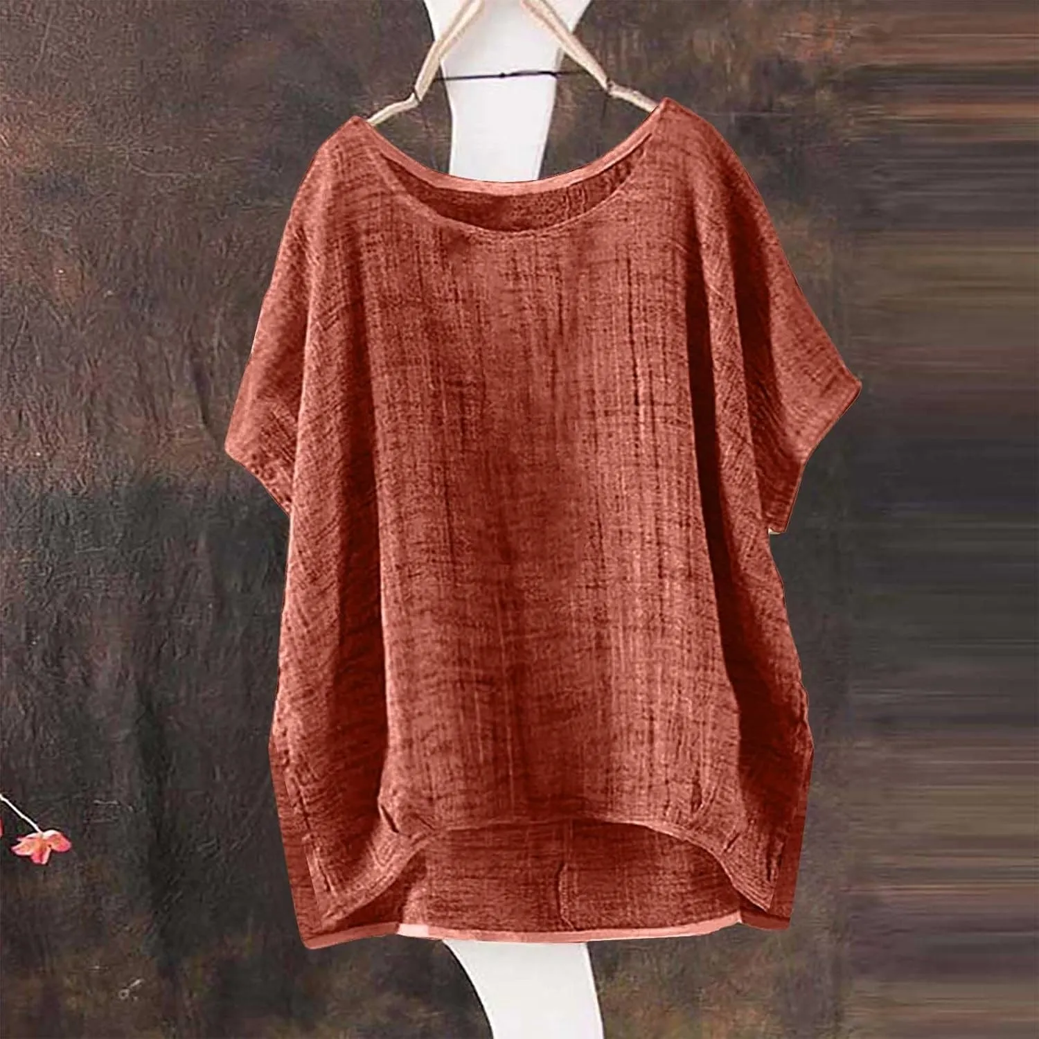 Womens Casual Cotton Linen Shirts Short Sleeve Beach Summer T-Shirts Loose Solid Crewneck Vacation Travel Blouse Tops