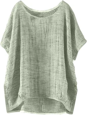 Womens Casual Cotton Linen Shirts Short Sleeve Beach Summer T-Shirts Loose Solid Crewneck Vacation Travel Blouse Tops