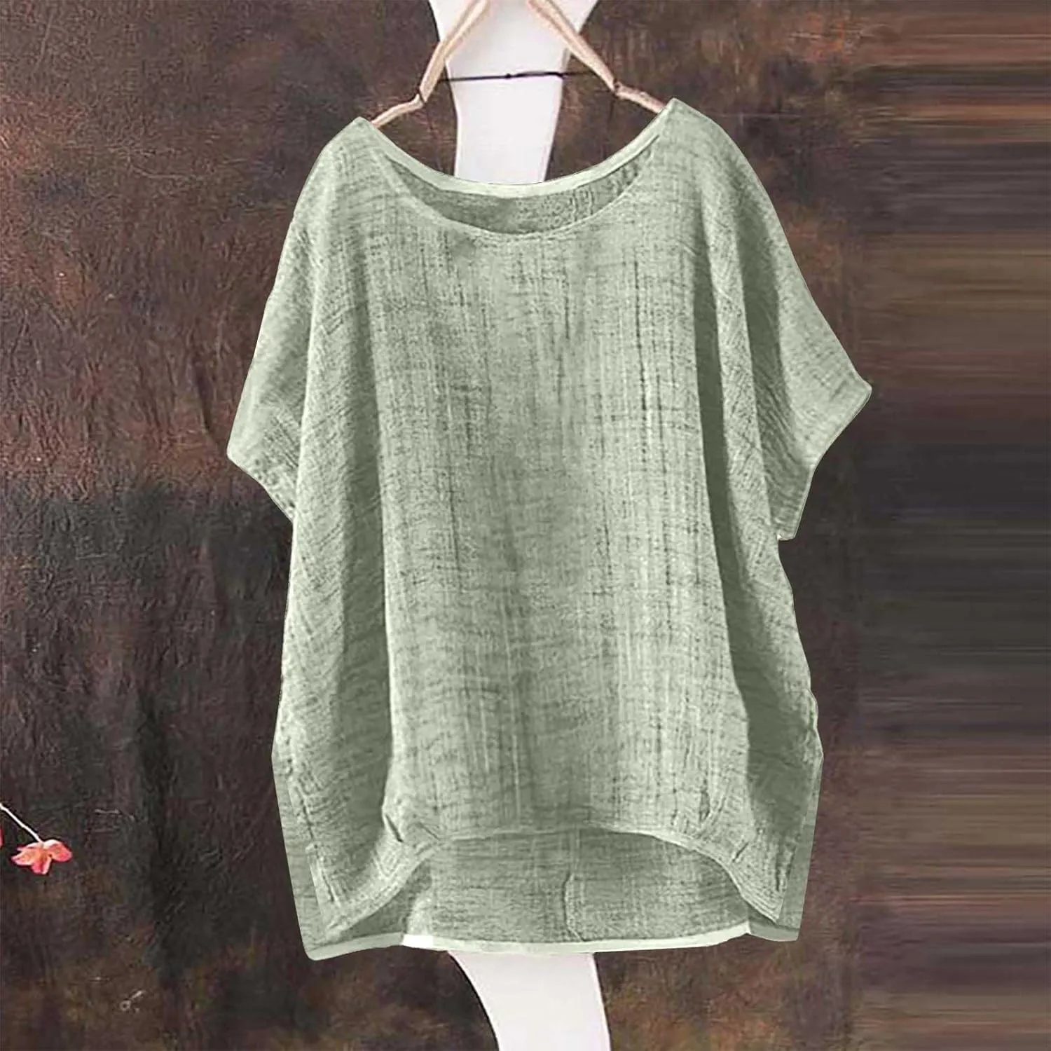 Womens Casual Cotton Linen Shirts Short Sleeve Beach Summer T-Shirts Loose Solid Crewneck Vacation Travel Blouse Tops