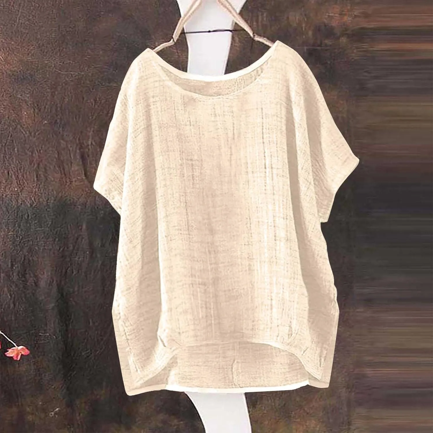 Womens Casual Cotton Linen Shirts Short Sleeve Beach Summer T-Shirts Loose Solid Crewneck Vacation Travel Blouse Tops