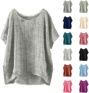 Womens Casual Cotton Linen Shirts Short Sleeve Beach Summer T-Shirts Loose Solid Crewneck Vacation Travel Blouse Tops