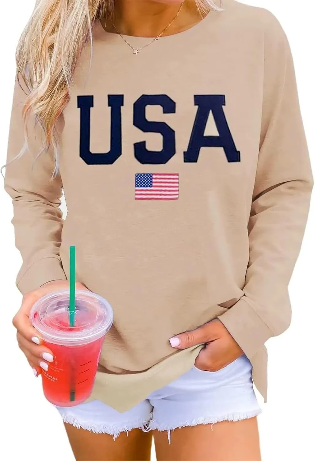 Womens Crewneck Sweatshirt Graphic American Flag Shirts Long Sleeve Oversized Pullover Patriotic Shirts Tops Tees