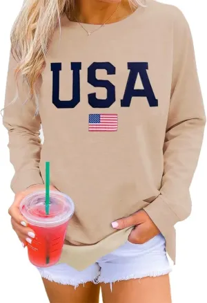 Womens Crewneck Sweatshirt Graphic American Flag Shirts Long Sleeve Oversized Pullover Patriotic Shirts Tops Tees