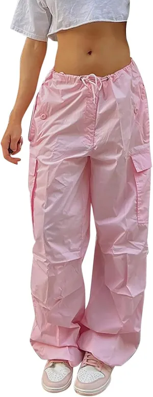 Women's Elastic Mid Waisted Drawstring Cargo Pants Solid Wide Straight Leg Casual Trousers Summer Street Lightweight Pants