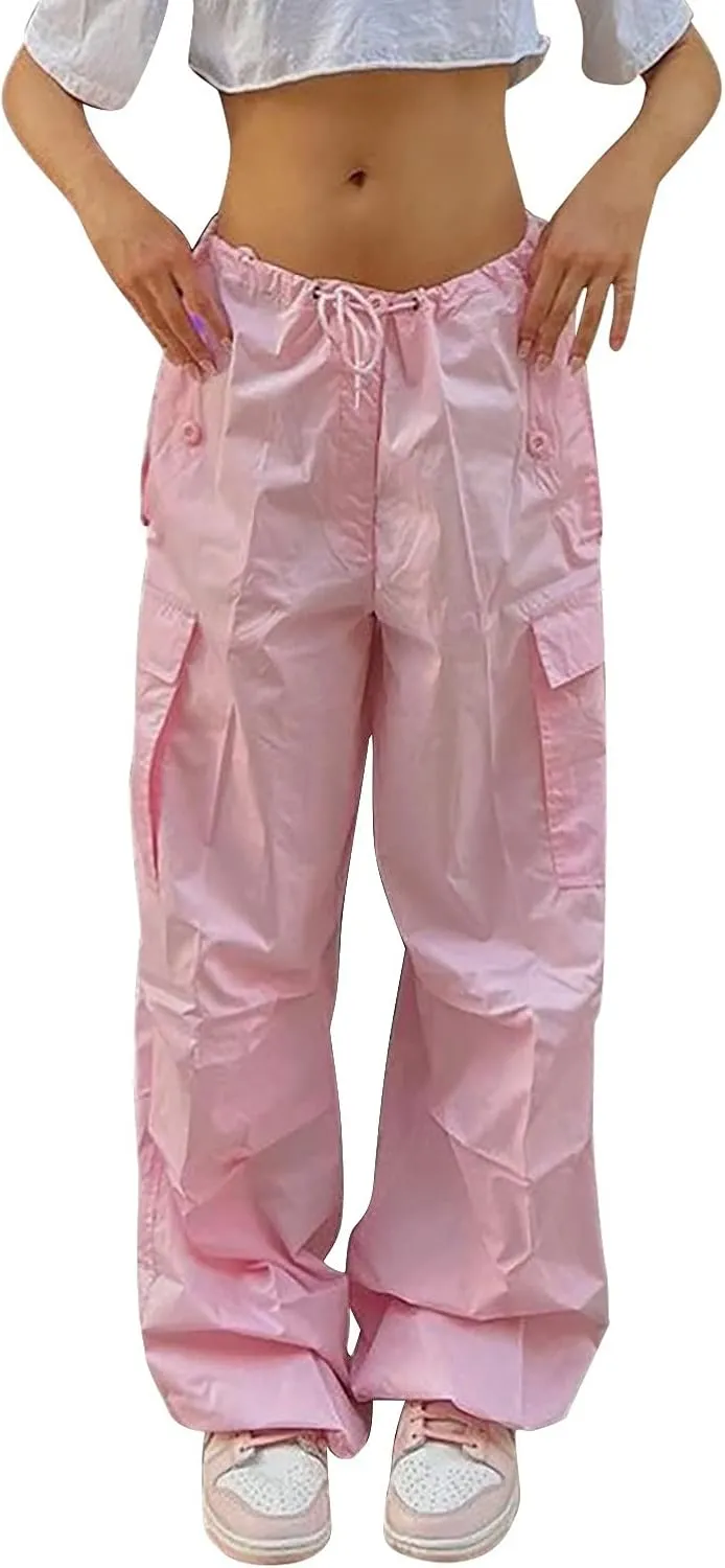 Women's Elastic Mid Waisted Drawstring Cargo Pants Solid Wide Straight Leg Casual Trousers Summer Street Lightweight Pants