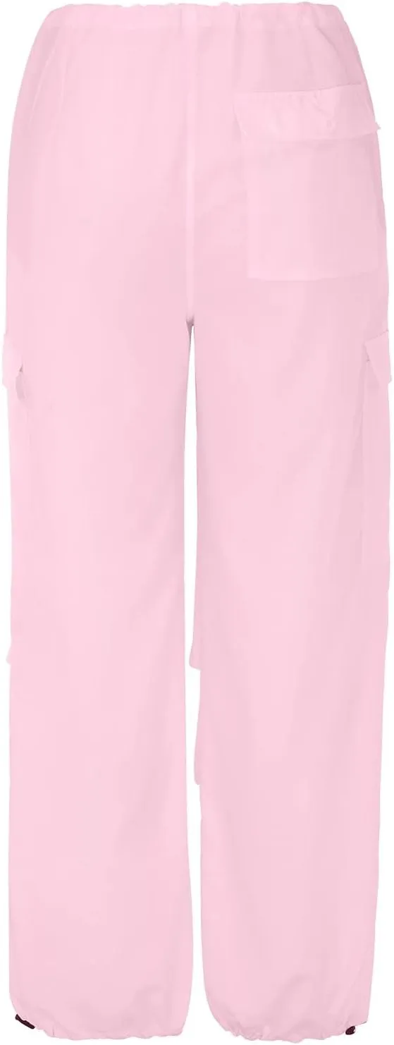 Women's Elastic Mid Waisted Drawstring Cargo Pants Solid Wide Straight Leg Casual Trousers Summer Street Lightweight Pants