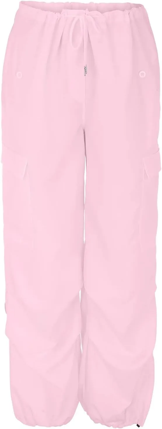 Women's Elastic Mid Waisted Drawstring Cargo Pants Solid Wide Straight Leg Casual Trousers Summer Street Lightweight Pants