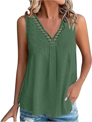Womens Eyelet Tank Top Hollow Out Lace Crochet V Neck Camisole Sleeveless Casual Shirts Dressy Tunic Blouses