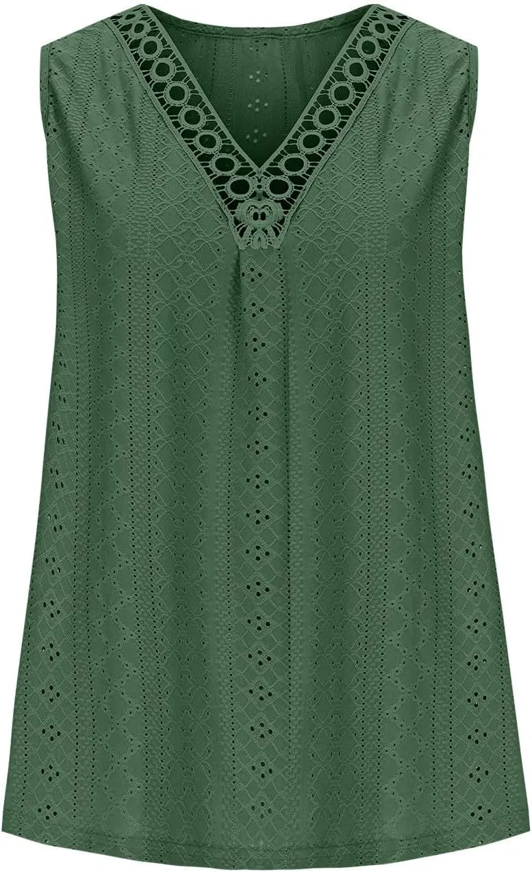 Womens Eyelet Tank Top Hollow Out Lace Crochet V Neck Camisole Sleeveless Casual Shirts Dressy Tunic Blouses