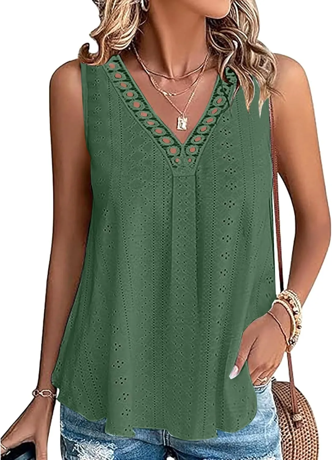 Womens Eyelet Tank Top Hollow Out Lace Crochet V Neck Camisole Sleeveless Casual Shirts Dressy Tunic Blouses