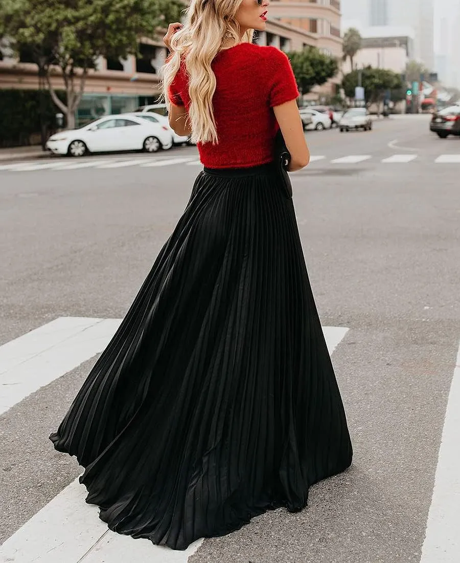 Women's High Elastic Waist Pleated Flowy Swing A-line Maxi Skirts