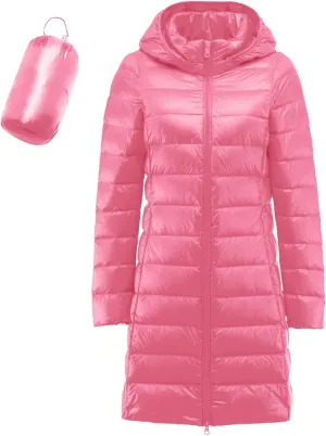 Women's Hooded Ultra Light Weight Coat Long Packable Outwear Puffer Down Jacket Lightweight Full-Zip Puffer Jacket