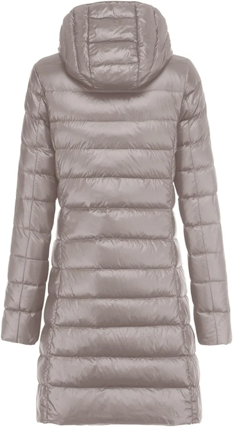 Women's Hooded Ultra Light Weight Coat Long Packable Outwear Puffer Down Jacket Lightweight Full-Zip Puffer Jacket