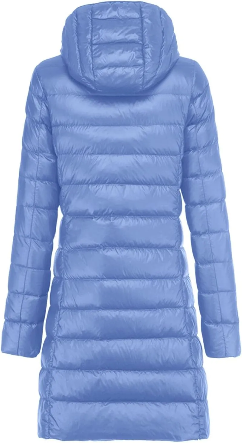 Women's Hooded Ultra Light Weight Coat Long Packable Outwear Puffer Down Jacket Lightweight Full-Zip Puffer Jacket