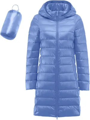 Women's Hooded Ultra Light Weight Coat Long Packable Outwear Puffer Down Jacket Lightweight Full-Zip Puffer Jacket