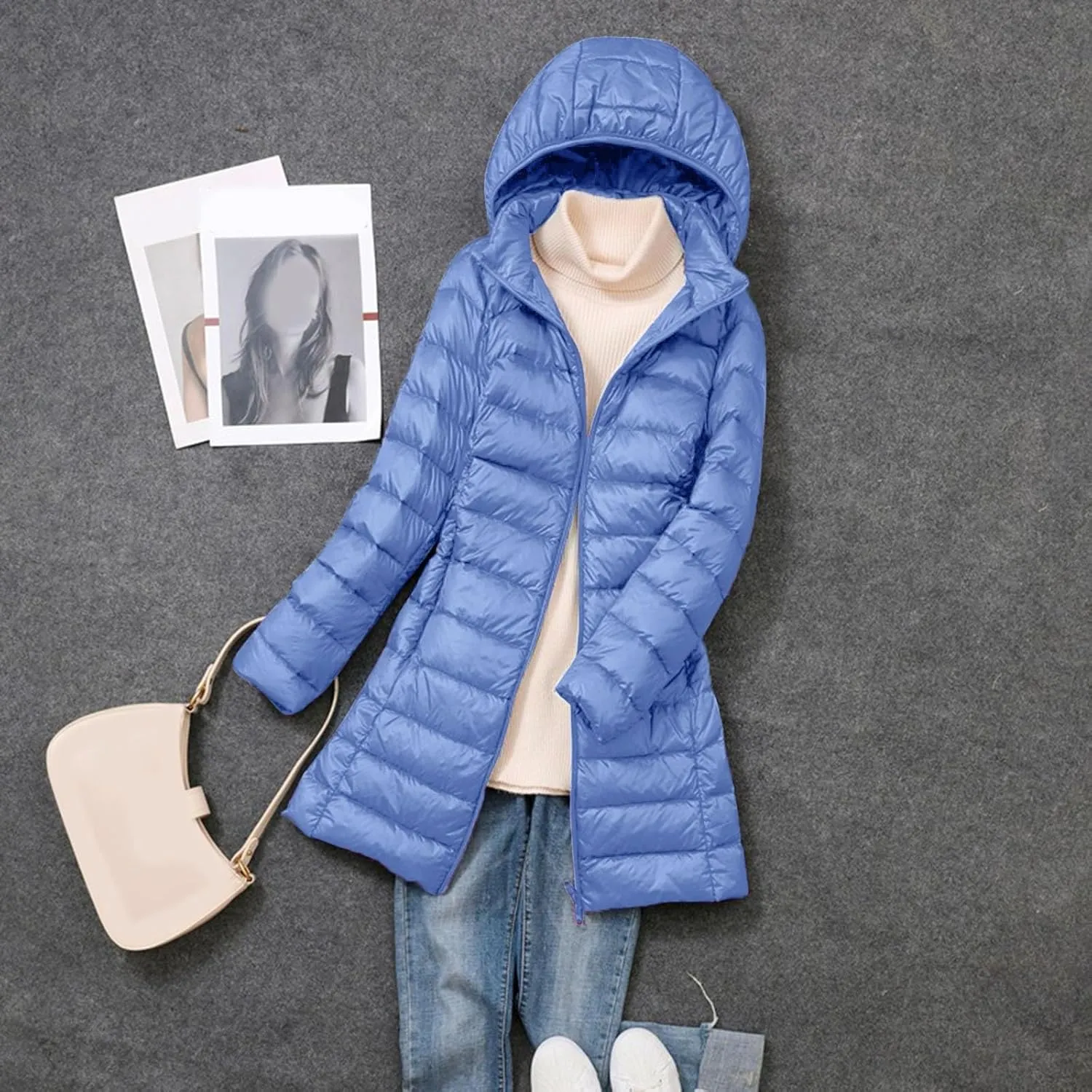 Women's Hooded Ultra Light Weight Coat Long Packable Outwear Puffer Down Jacket Lightweight Full-Zip Puffer Jacket