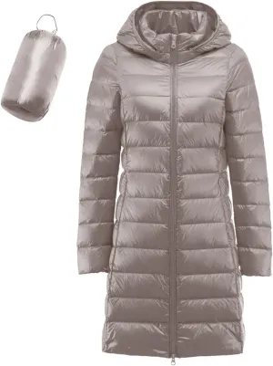Women's Hooded Ultra Light Weight Coat Long Packable Outwear Puffer Down Jacket Lightweight Full-Zip Puffer Jacket