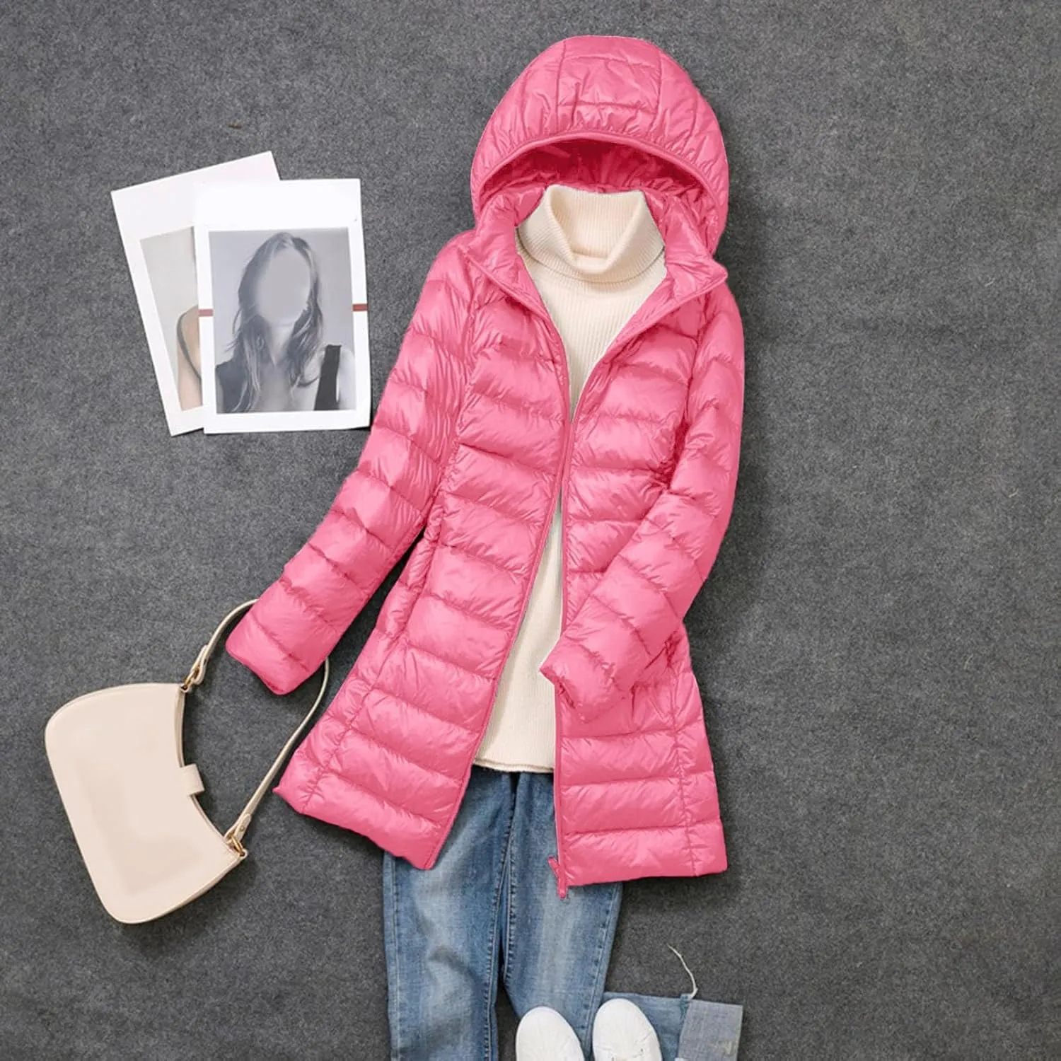 Women's Hooded Ultra Light Weight Coat Long Packable Outwear Puffer Down Jacket Lightweight Full-Zip Puffer Jacket