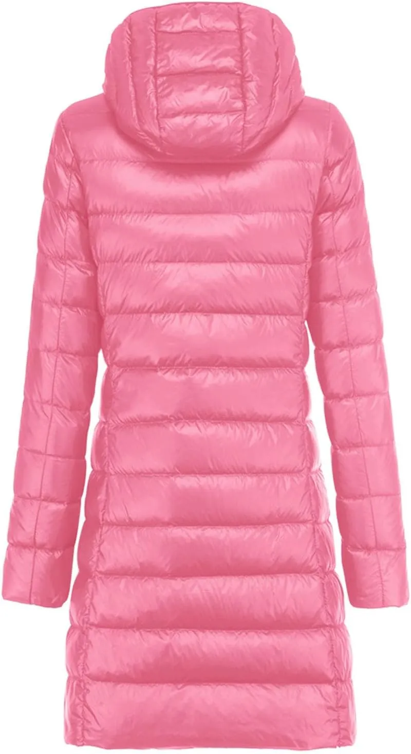 Women's Hooded Ultra Light Weight Coat Long Packable Outwear Puffer Down Jacket Lightweight Full-Zip Puffer Jacket
