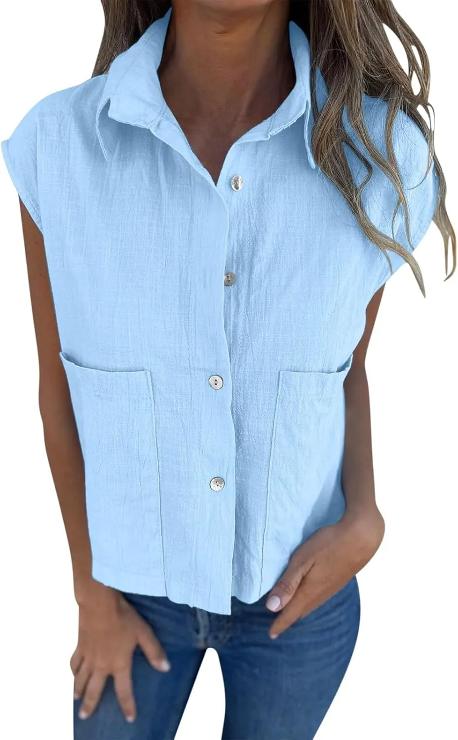 Womens Lapel Neck Sleeveless Tank Tops Summer Fashion Button Shirts Casual Comfy Beach Vacation Top with Pockets