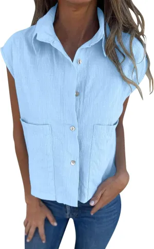 Womens Lapel Neck Sleeveless Tank Tops Summer Fashion Button Shirts Casual Comfy Beach Vacation Top with Pockets