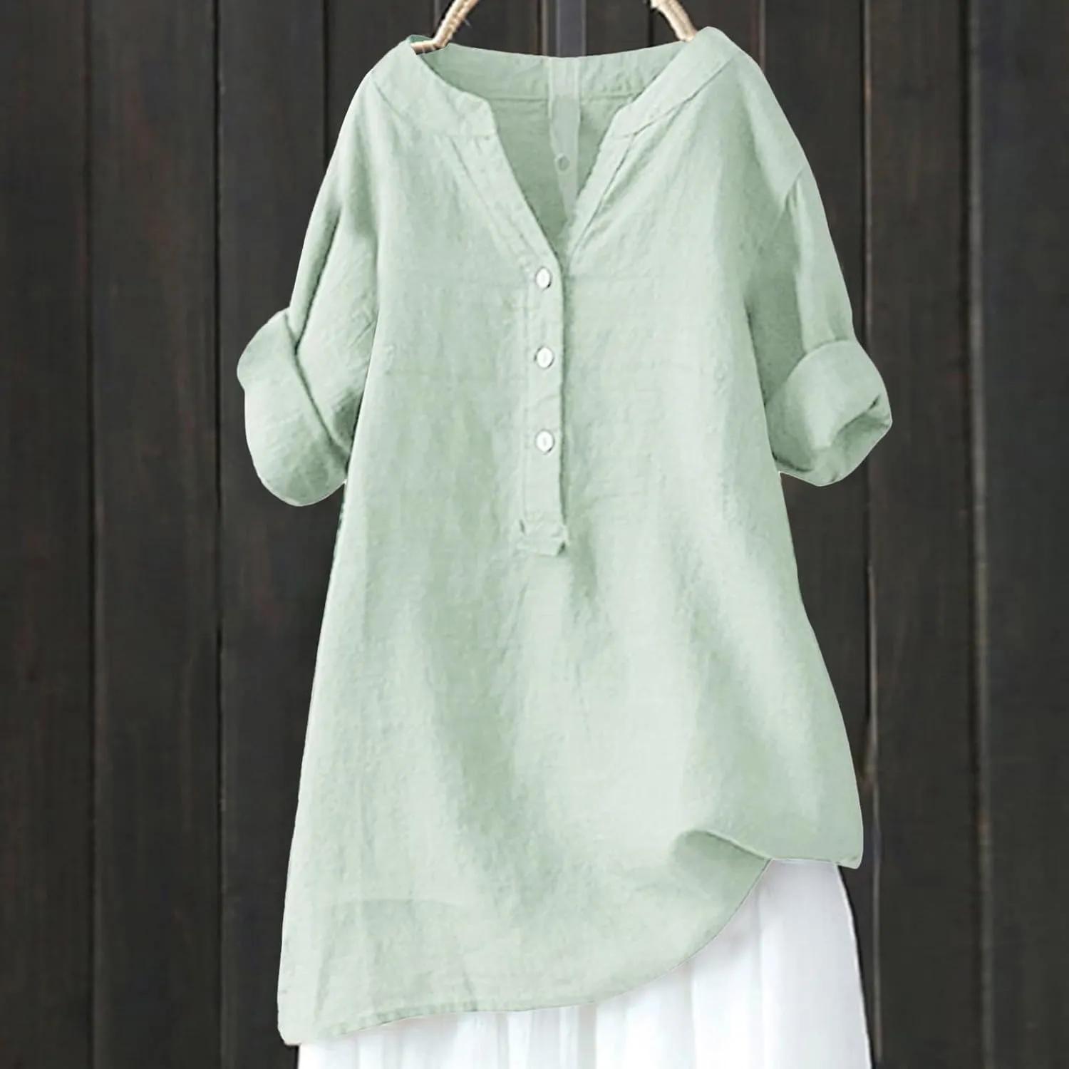 Women's Linen Button Down Shirts Short Sleeve V Neck Tshirts Light Weight Plain Blouses Casual Loose Fit Tunic Tops