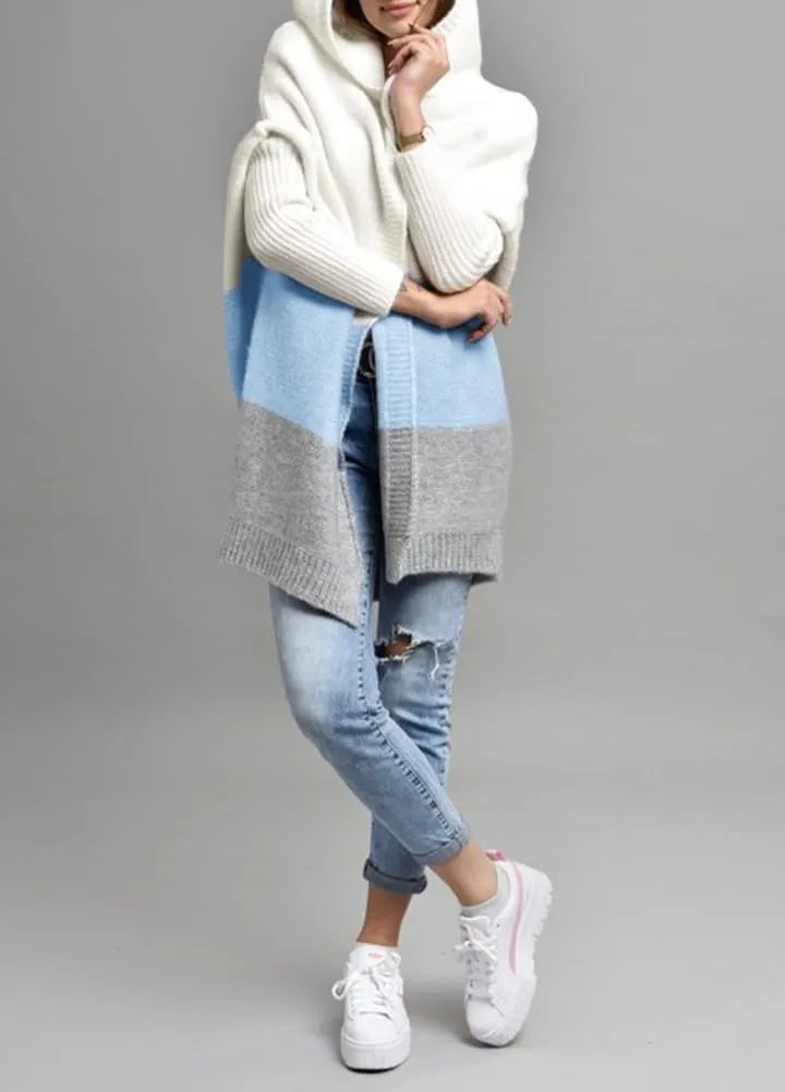 Women's Oversized Hooded Cardigan Color Block Open Front Sweater Chunky Knit Long Coatigan Coat