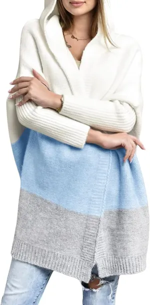 Women's Oversized Hooded Cardigan Color Block Open Front Sweater Chunky Knit Long Coatigan Coat