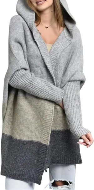 Women's Oversized Hooded Cardigan Color Block Open Front Sweater Chunky Knit Long Coatigan Coat