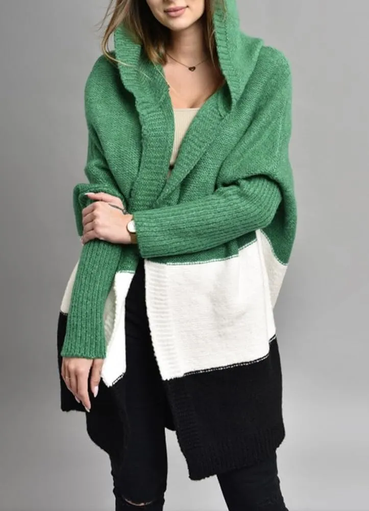 Women's Oversized Hooded Cardigan Color Block Open Front Sweater Chunky Knit Long Coatigan Coat