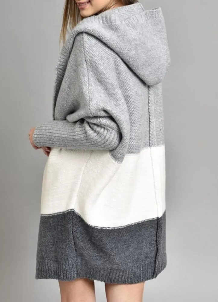 Women's Oversized Hooded Cardigan Color Block Open Front Sweater Chunky Knit Long Coatigan Coat