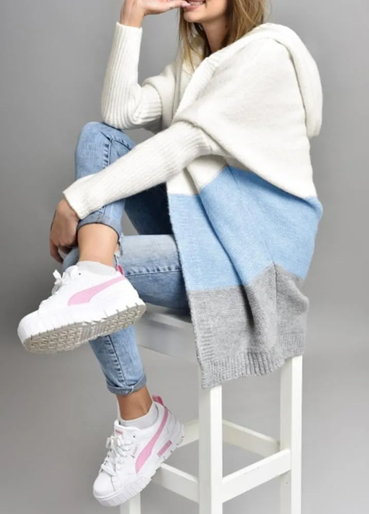 Women's Oversized Hooded Cardigan Color Block Open Front Sweater Chunky Knit Long Coatigan Coat