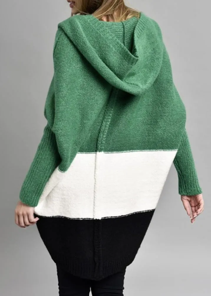 Women's Oversized Hooded Cardigan Color Block Open Front Sweater Chunky Knit Long Coatigan Coat